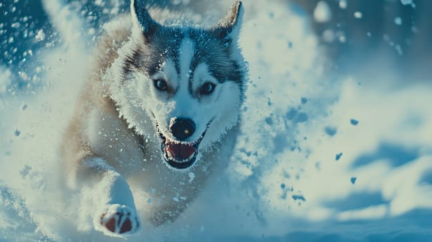 Siberian Husky jumping and running in the snow in a winter field, Generative AI, animals