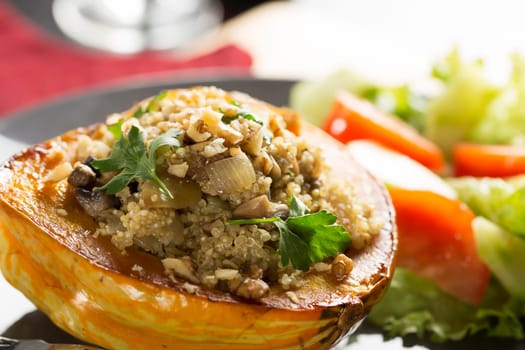 Winter Squash stuffed with quinoa, mushrooms and onions.