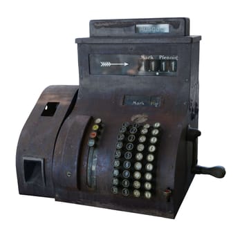 Old and rusty cash register isolated on white.
