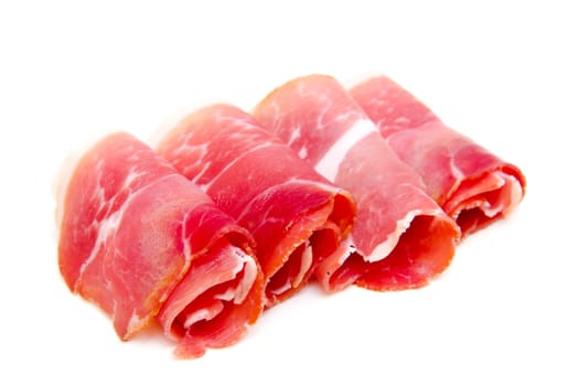 Slices of ham on white background
