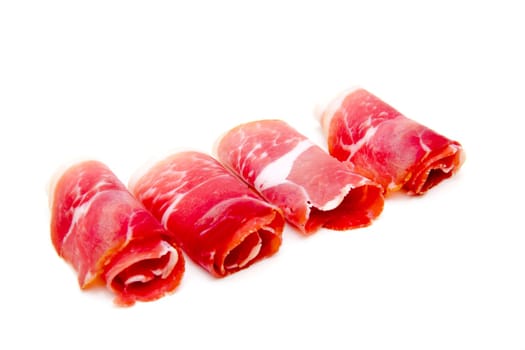 Slices of ham on white background