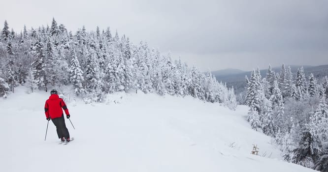 Mont-Tremblant Ski Resort, Quebec, Canada - February 9, 2014: A lonely skier is sliding down an easy slope at Mont-Tremblant Ski Resort. It is acknowledged by most industry experts as being the best ski resort in Eastern North America.