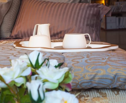 View of ceramic dishes of the elegant table set