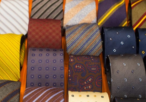 Close up of men's neckties in a shop clothes