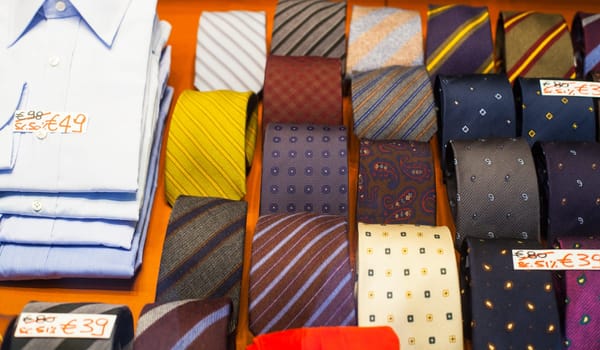 View of colorful men's neckties and shirts