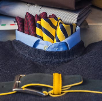 Close up of men's clothes, pullover necktie
