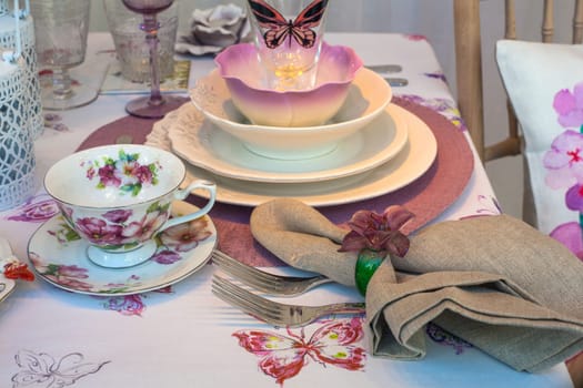 View of ceramic dishes of the elegant table set