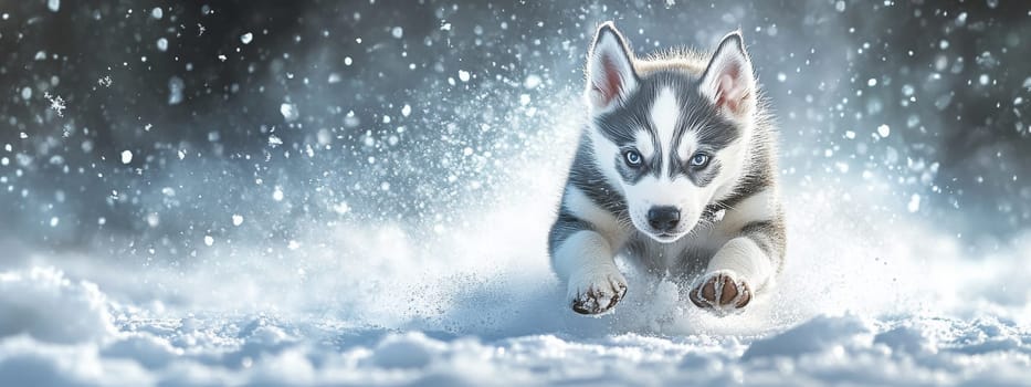 Siberian Husky jumping and running in the snow in a winter field, Generative AI, animals
