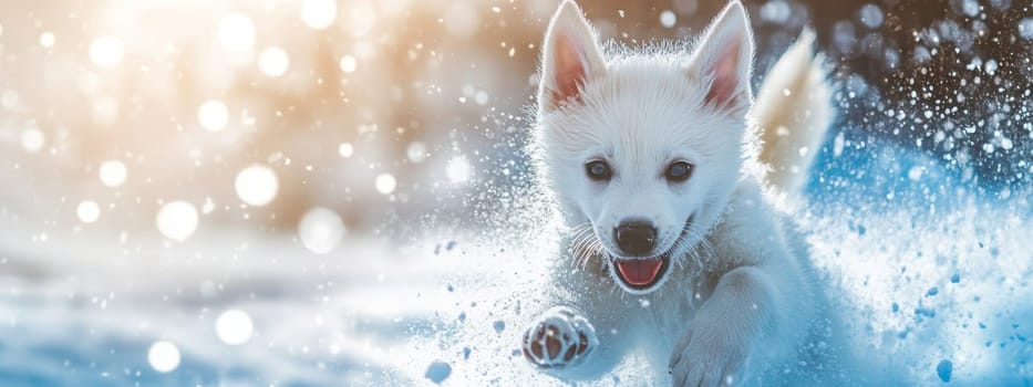 Siberian Husky puppy jumping and running in the snow in a winter field, Generative AI, animals