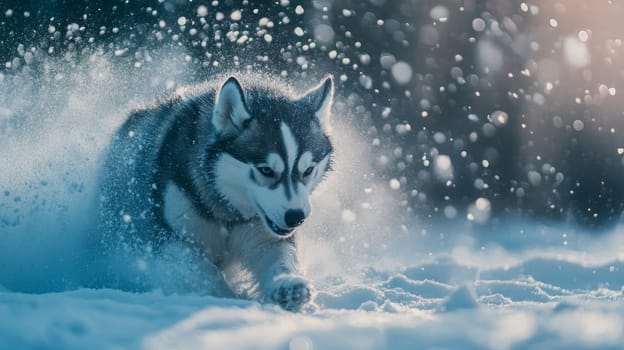 Siberian Husky jumping and running in the snow in a winter field, Generative AI, animals