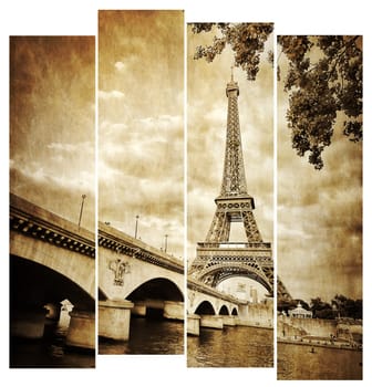 Eiffel tower vintage retro in stripes, from Seine river, Paris, France