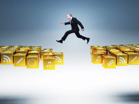 businessman man jump over icons bridge