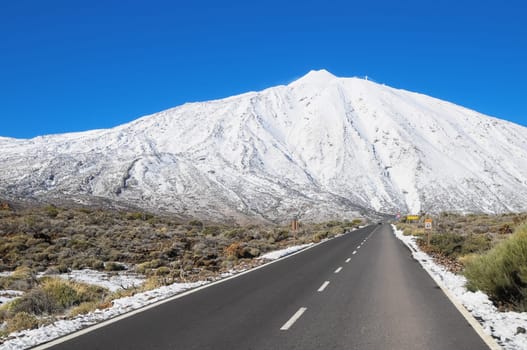 Snow Desert Lonely Road Landscape in Volcan Teide National Park, Tenerife, Canary Island, Spain