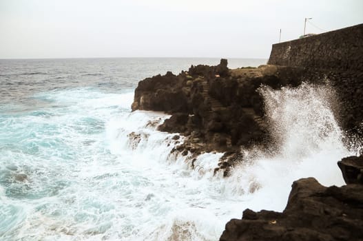 Strong Waves Crashing on the Volcanic Coast in Tenerife Canary Islands