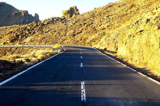 Desert Lonely Road Landscape in Volcan Teide National Park, Tenerife, Canary Island, Spain