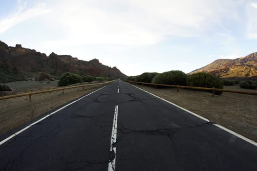 Desert Lonely Road Landscape in Volcan Teide National Park, Tenerife, Canary Island, Spain