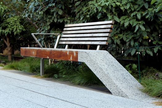 High Line (Bench detail).  Elevated pedestrian Park and former elevated New York Central Railroad spur called the West Side Line, which runs along the lower west side of Manhattan  it has been redesigned and planted as an aerial greenway. New York City.