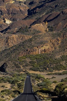 Desert Lonely Road Landscape in Volcan Teide National Park, Tenerife, Canary Island, Spain