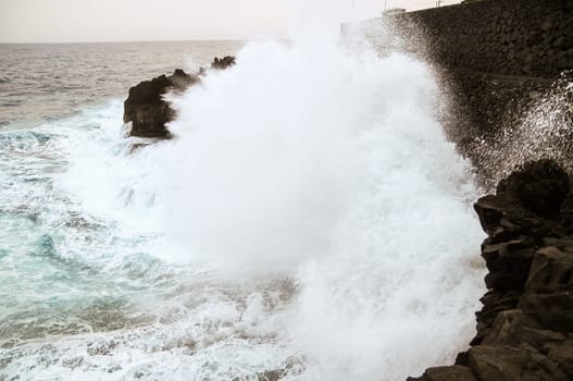 Strong Waves Crashing on the Volcanic Coast in Tenerife Canary Islands