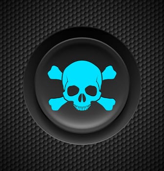 Black button with blue skull and crossbones sign on carbon background