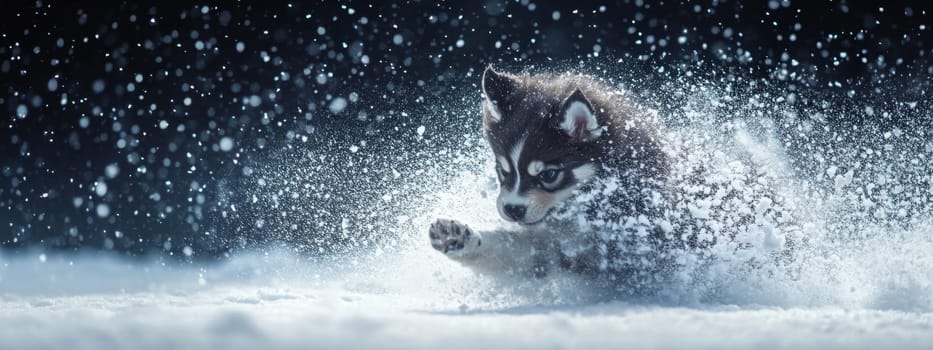Siberian Husky puppy jumping and running in the snow in a winter field, Generative AI, animals