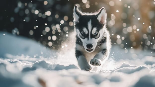Siberian Husky puppy jumping and running in the snow in a winter field, Generative AI, animals