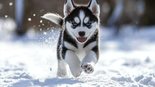 Siberian Husky puppy jumping and running in the snow in a winter field, Generative AI, animals