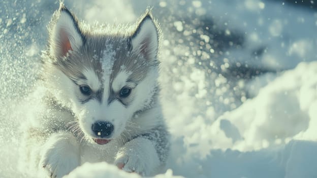 Siberian Husky puppy jumping and running in the snow in a winter field, Generative AI, animals