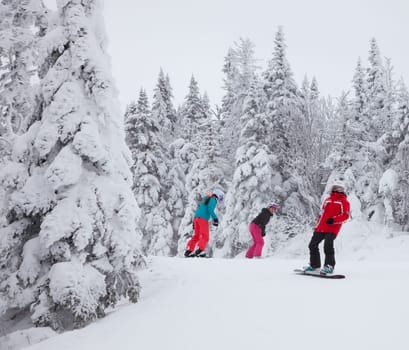 Mont-Tremblant, Canada - February 9, 2014: Snowboarders are sliding down an easy slope at Mont-Tremblant. Mont-Tremblant Ski Resort is acknowledged, by most industry experts, as being the best ski resort in Eastern North America.
