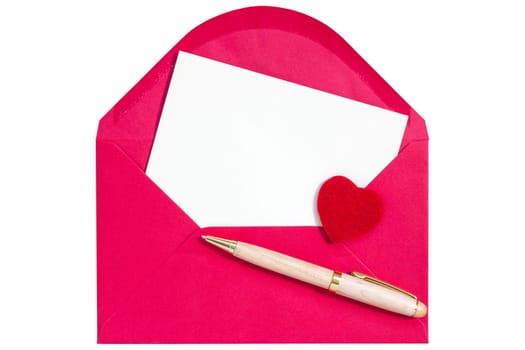Red envelope with  heart and empty letter. Isolated on white background