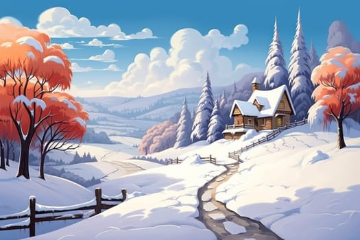 An exquisite winter composition, expertly capturing the tranquil allure of recently fallen snow draping over trees, landscapes, and architectural structures.