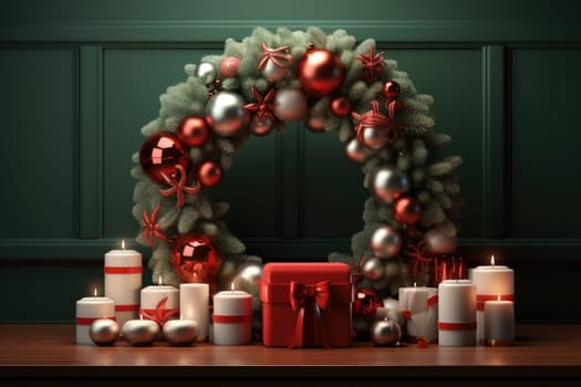 Podium for product display and Christmas baubles decoration. Generative AI.