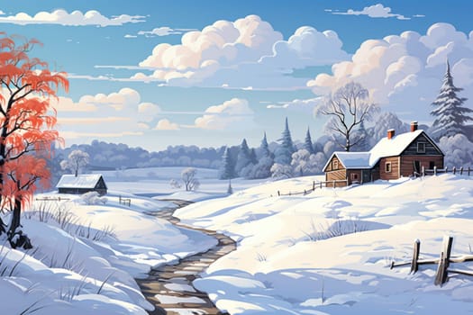 An exquisite winter composition, expertly capturing the tranquil allure of recently fallen snow draping over trees, landscapes, and architectural structures.