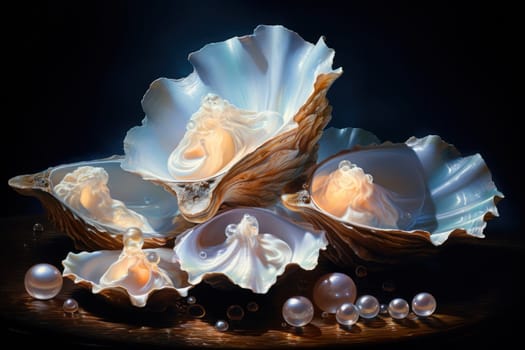 An enchanting depiction of radiant pearl oysters, tenderly nurturing exquisite pearls imbued with enigmatic properties.