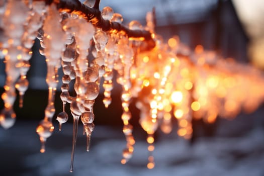 A remarkable portrayal of winter's allure, focusing on the glistening, see-through charm of icicles suspended from rooftops and tree limbs, showcasing their sparkling and crystalline elegance.
