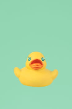 Yellow rubber duck on an emerald background.