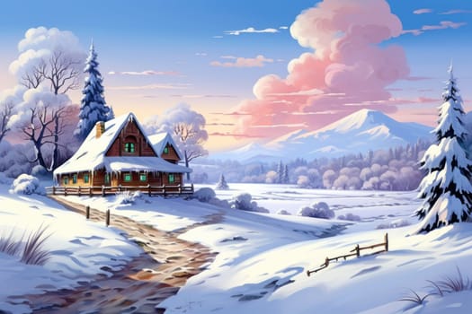 An exquisite winter composition, expertly capturing the tranquil allure of recently fallen snow draping over trees, landscapes, and architectural structures.