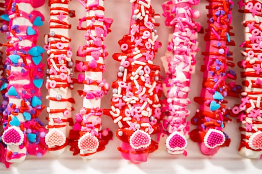 Chocolate-covered pretzel rods decorated with heart-shaped sprinkles for Valentine's Day.