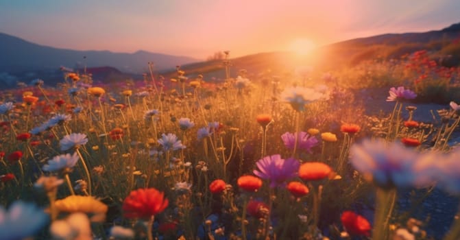 beautiful floral pastel pretty colorful nature purple beauty vintage pink countryside sunlight sky outdoor blooming flower background meadow field violet sunset. Generative AI.