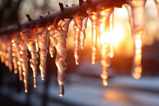A remarkable portrayal of winter's allure, focusing on the glistening, see-through charm of icicles suspended from rooftops and tree limbs, showcasing their sparkling and crystalline elegance.