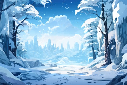A captivating artistic portrayal of the enchanting winter season, where landscapes are magically transformed into a wonderland adorned with shimmering snow and sparkling icicles.
