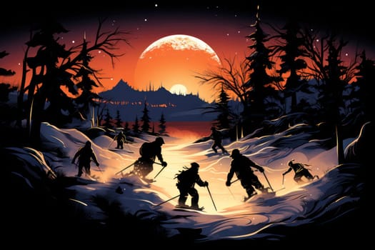 A dynamic portrayal of the exhilarating winter season, featuring individuals engaged in a range of invigorating activities such as skiing, snowboarding, and ice skating.