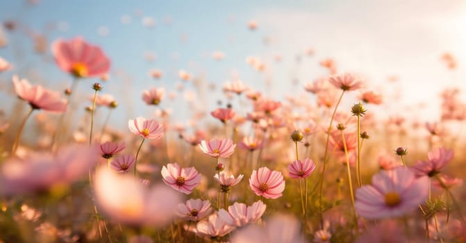 pretty blooming meadow vivid flora blossom vintage pink sunset petal color cosmos violet beautiful nature bloom countryside field background autumn flower. Generative AI.