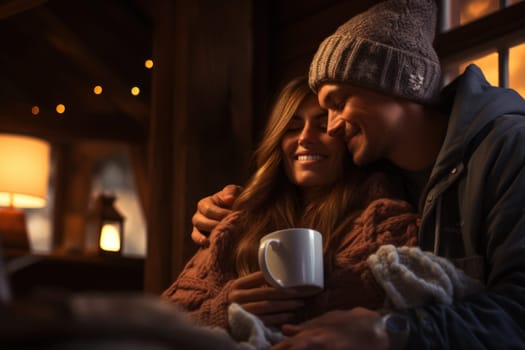 A heartwarming depiction of the winter season's charm, with individuals captured indoors, basking by a crackling fire, indulging in hot cocoa, or cocooned in soft blankets.