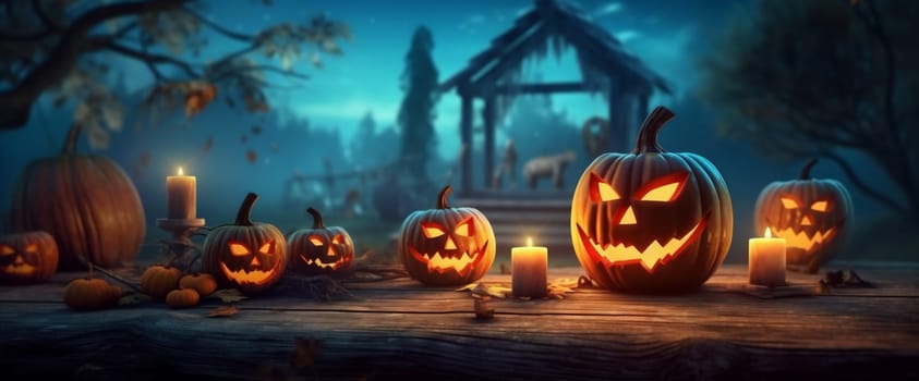 halloween background poster blue funny illustration evil spooky fear creepy october jack-o-lantern lantern autumn gothic pumpkin night mystery fall horror table. Generative AI.