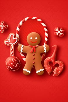 man gingerbread sweet cookie dessert background holiday ornament icing new christmas xmas food symbol smile seasonal decoration tree cute lollipops traditional red. Generative AI.