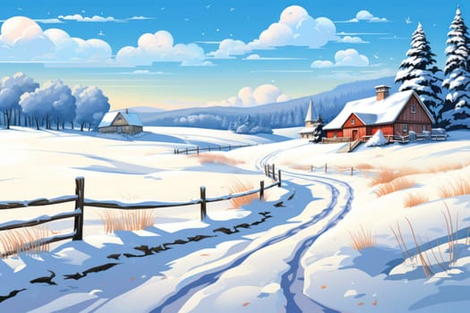 An exquisite winter composition, expertly capturing the tranquil allure of recently fallen snow draping over trees, landscapes, and architectural structures.