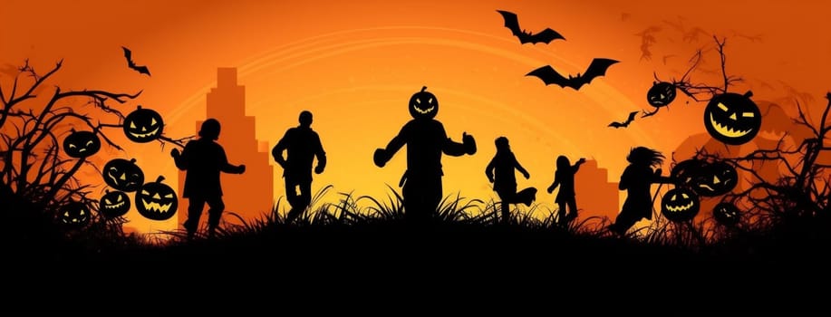 design head black tree pumpkin trick grave bat orange fantasy evil night ghost horror october celebration lantern halloween holiday dark. Generative AI.