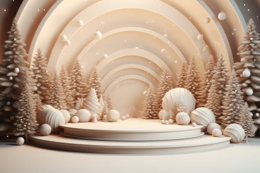 Podium for product display and Christmas baubles decoration. Generative AI.