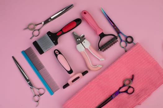 Tool for the groomer on a pink background. Dog grooming accessories. Combs and brushes for animals. View from above